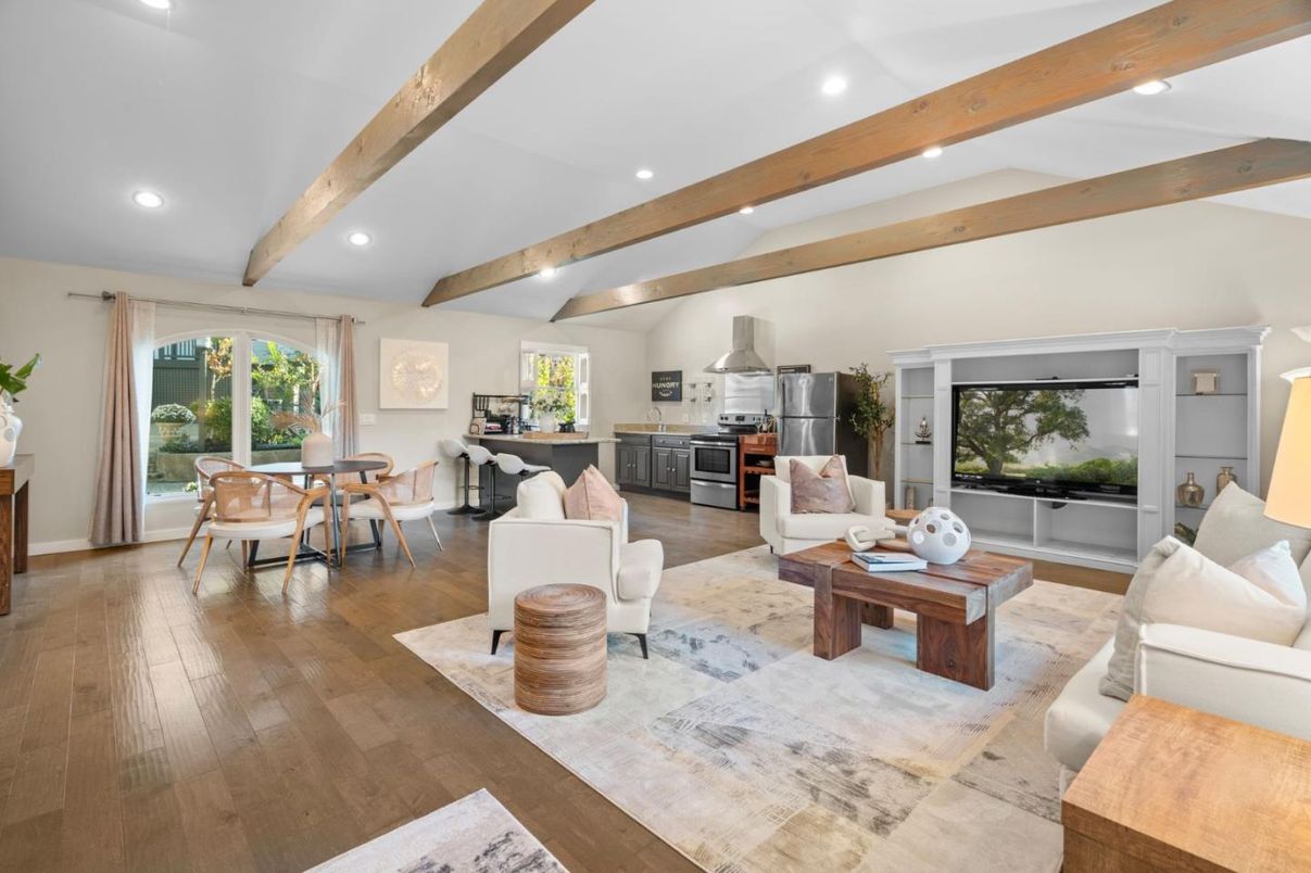 Dining room, Interior, Kitchen, Living room, Recessed Lighting, Stainless Steel Appliances, Wooden Beams, Wood Texture Flooring