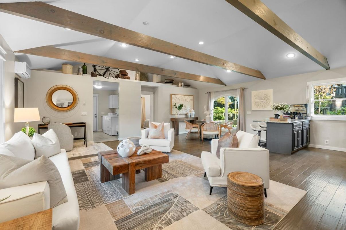 Dining room, Interior, Kitchen, Living room, Recessed Lighting, Wooden Beams, Wood Texture Flooring