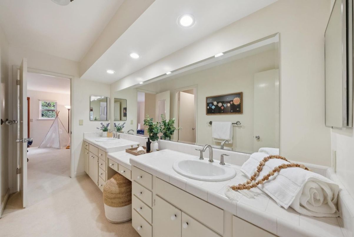 Bathroom, Dual Sink Vanities, Interior, Recessed Lighting, Tile Countertops