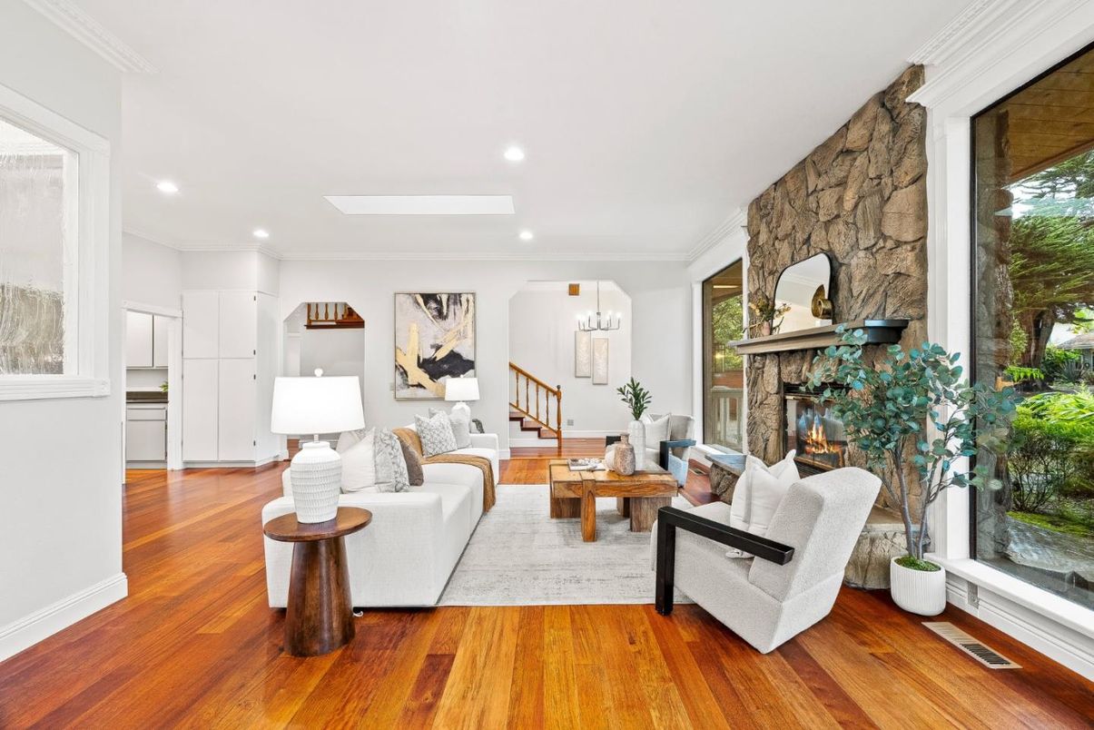 Fireplace, Interior, Living room, Recessed Lighting, Stone Walls, Wood Texture Flooring