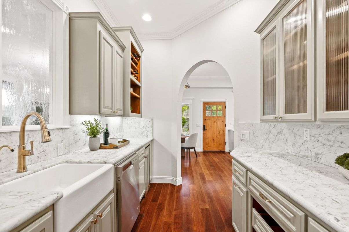 Interior, Kitchen, Marble Walls, Recessed Lighting, Wood Texture Flooring