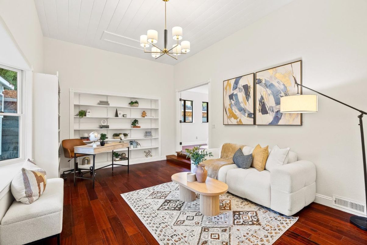 Chandelier, Home Office, Interior, Pendant Lights, Wood Texture Flooring