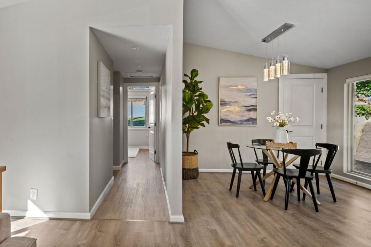 Dining room, Interior, Pendant Lights, Recessed Lighting, Wood Texture Flooring
