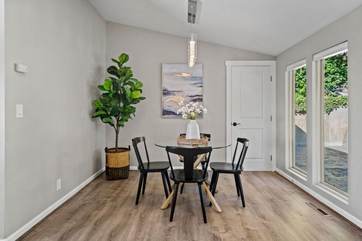 Dining room, Interior, Pendant Lights, Wood Texture Flooring