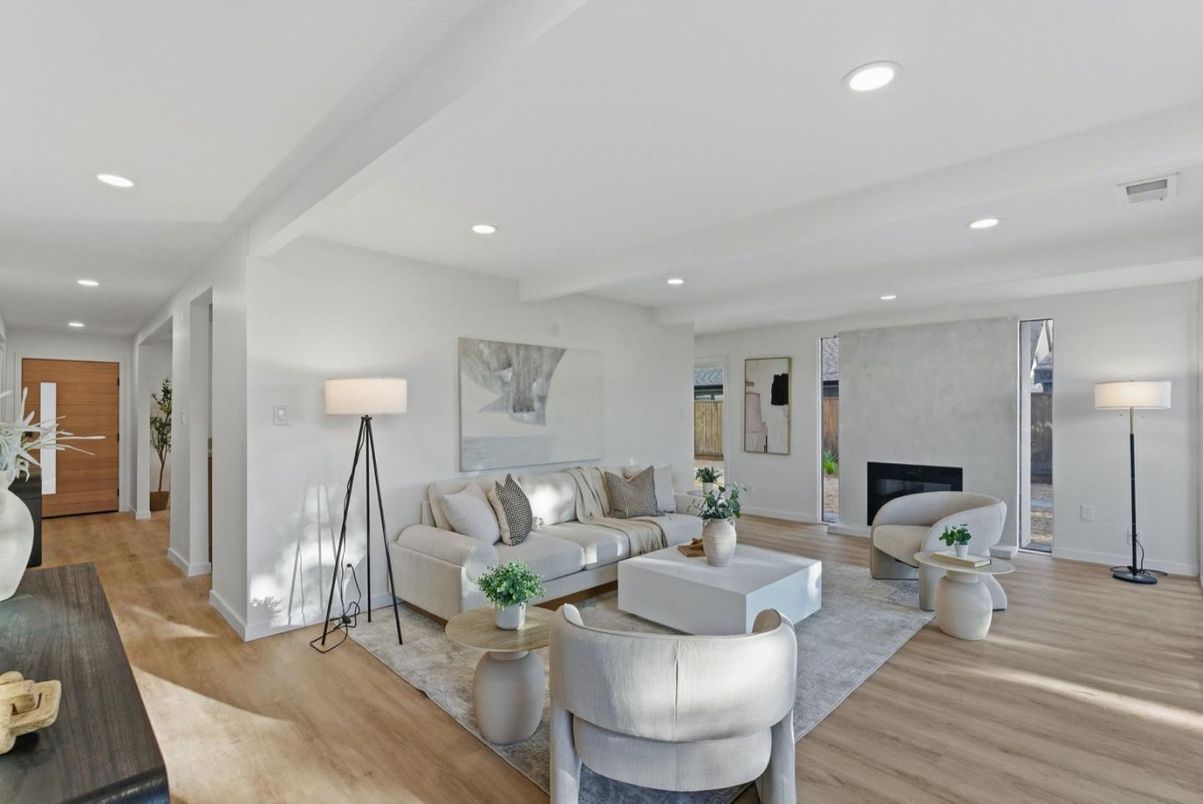 Fireplace, Interior, Living room, Recessed Lighting, Wood Texture Flooring