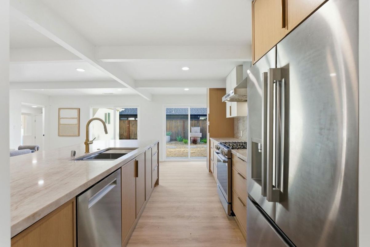 Interior, Kitchen, Recessed Lighting, Stainless Steel Appliances, Wood Texture Flooring