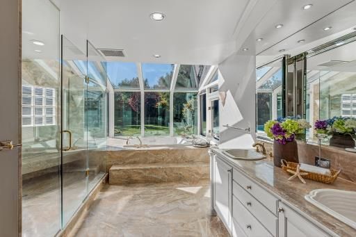 Bathroom, Dual Sink Vanities, Glass Ceilings, Glass Shower, Interior, Recessed Lighting