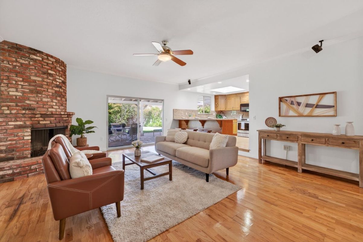 Fireplace, Interior, Kitchen, Living room, Stone Walls, Wood Texture Flooring