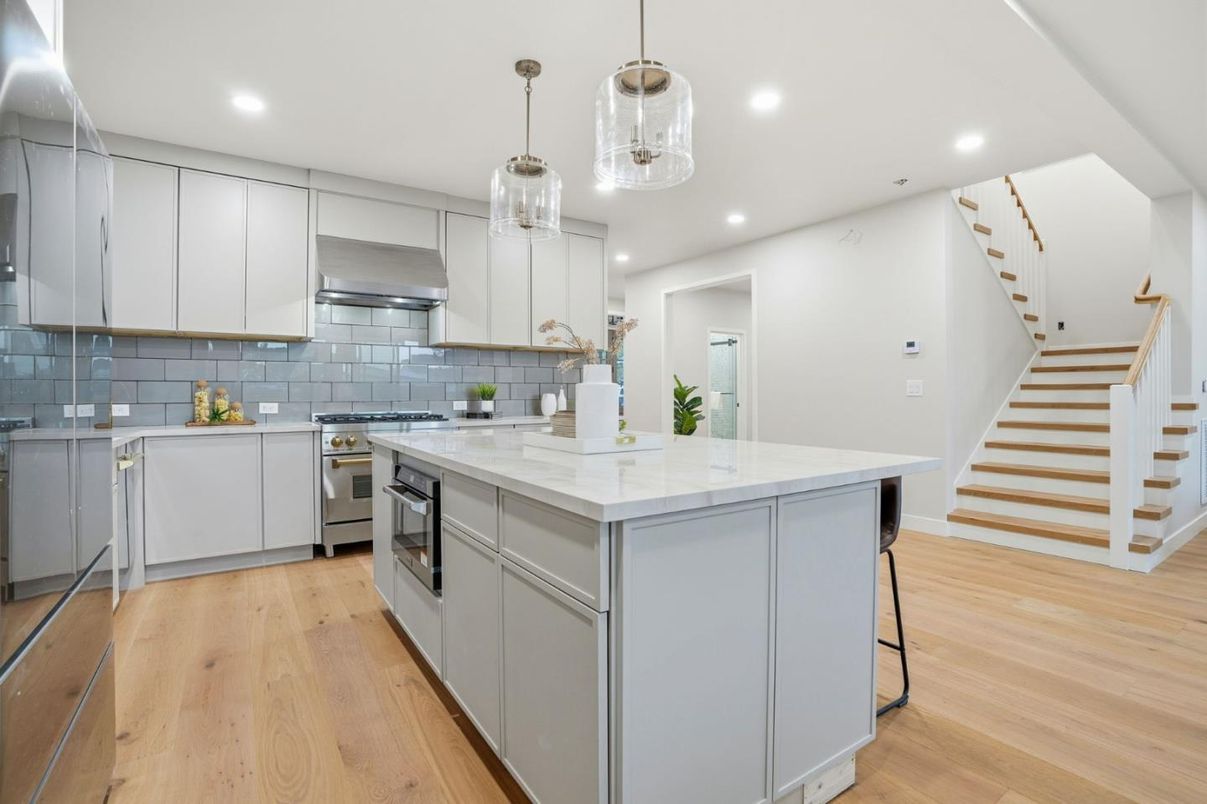 Interior, Kitchen, Pendant Lights, Recessed Lighting, Stainless Steel Appliances, Wood Texture Flooring