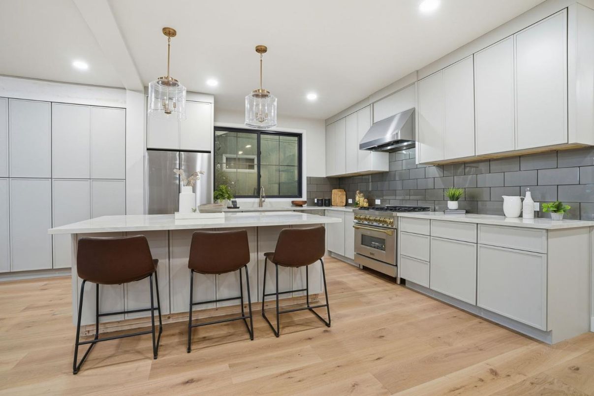 Interior, Kitchen, Pendant Lights, Recessed Lighting, Stainless Steel Appliances, Wood Texture Flooring