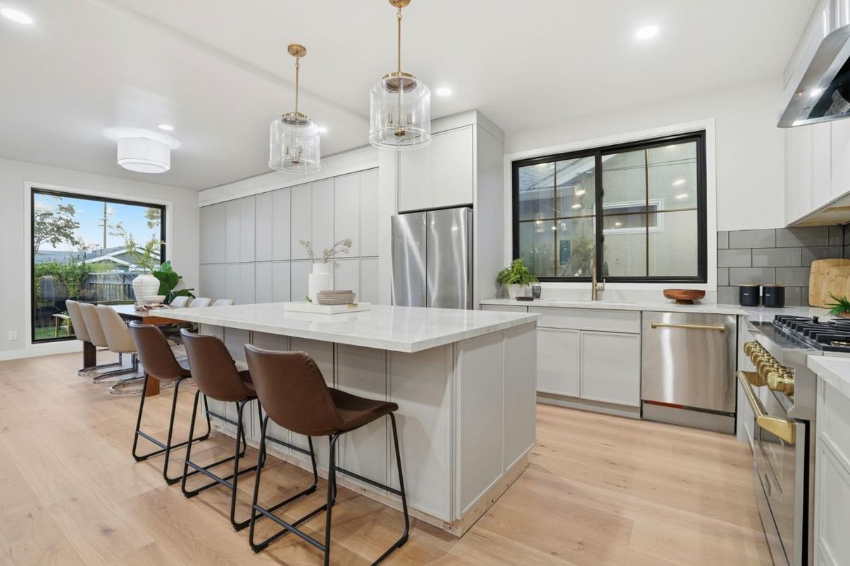 Interior, Kitchen, Pendant Lights, Recessed Lighting, Stainless Steel Appliances, Wood Texture Flooring