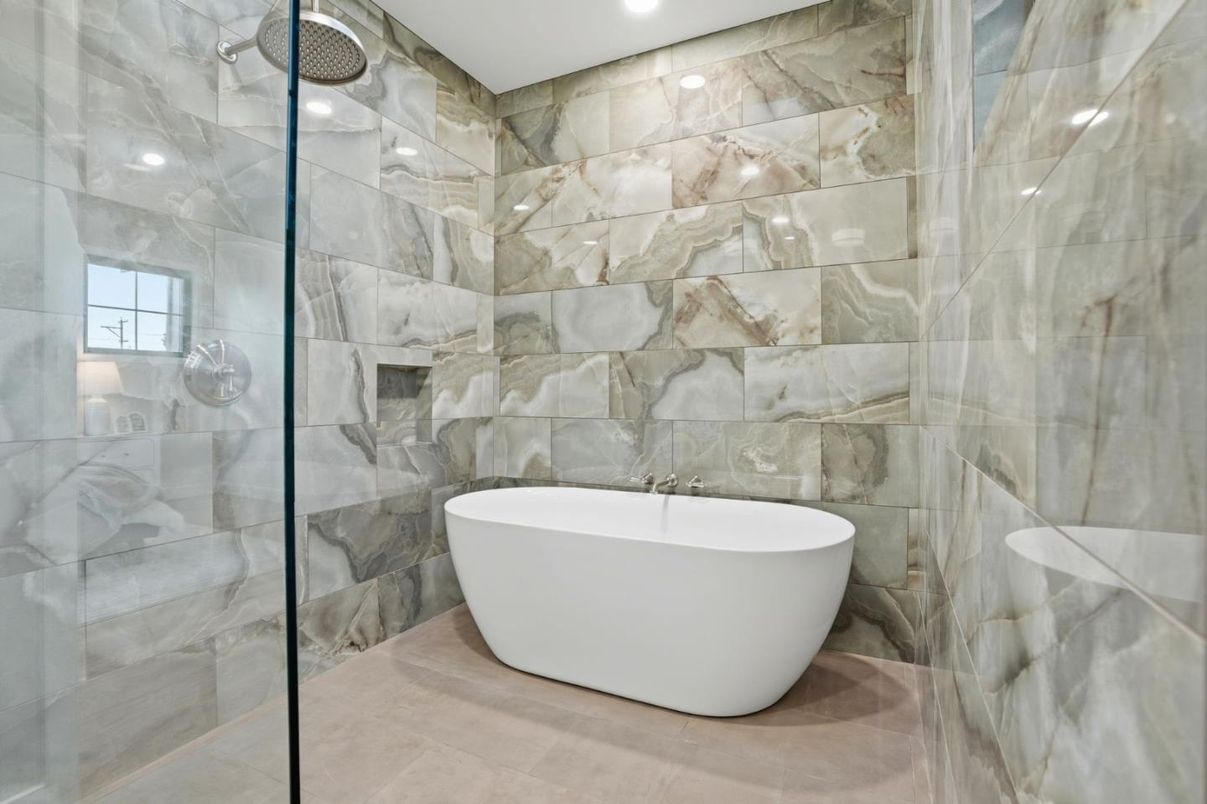 Bathroom, Free Standing Baths, Glass Shower, Interior, Marble Walls, Recessed Lighting