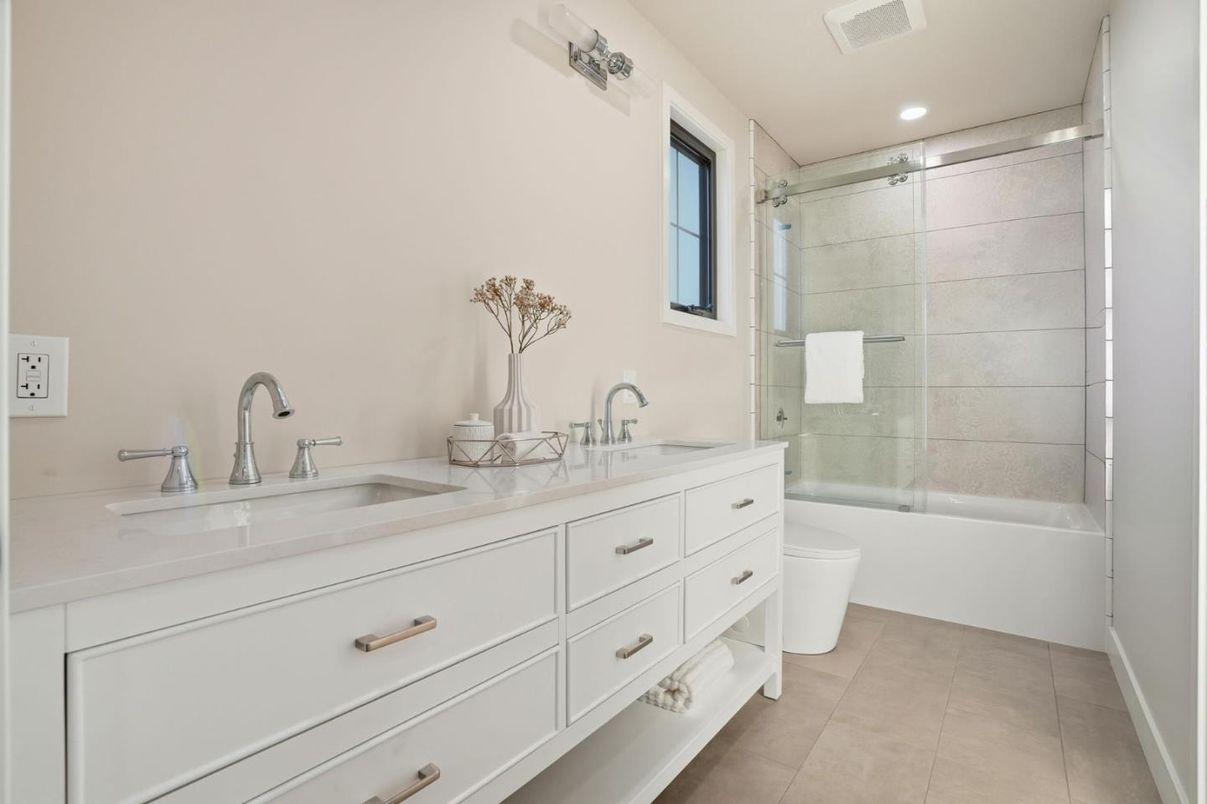 Bathroom, Dual Sink Vanities, Glass Shower, Interior, Recessed Lighting