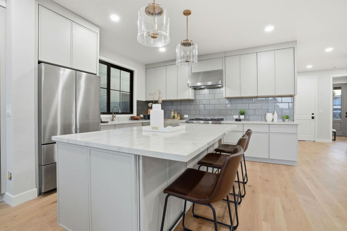 Interior, Kitchen, Pendant Lights, Recessed Lighting, Stainless Steel Appliances, Wood Texture Flooring