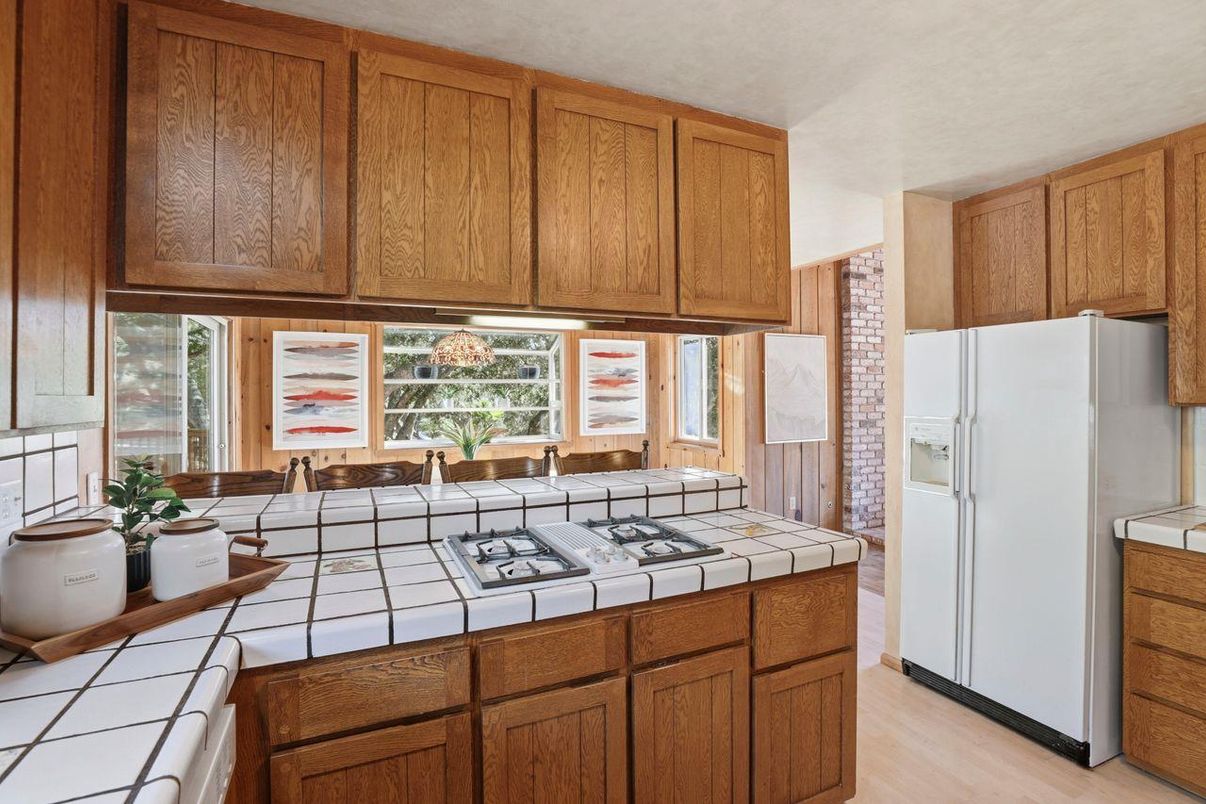 Interior, Kitchen, Tile Countertops, Wood Texture Flooring