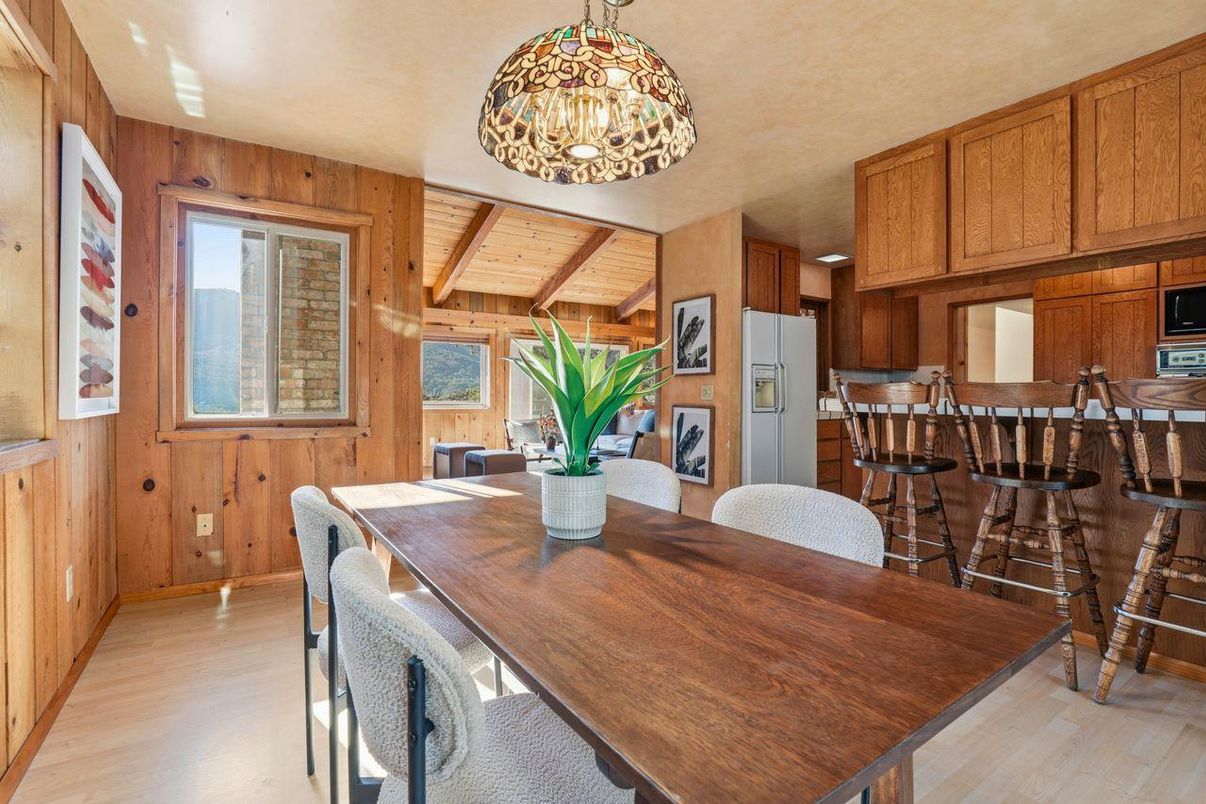 Dining room, Interior, Kitchen, Pendant Lights, Wood Texture Flooring, Wooden Walls