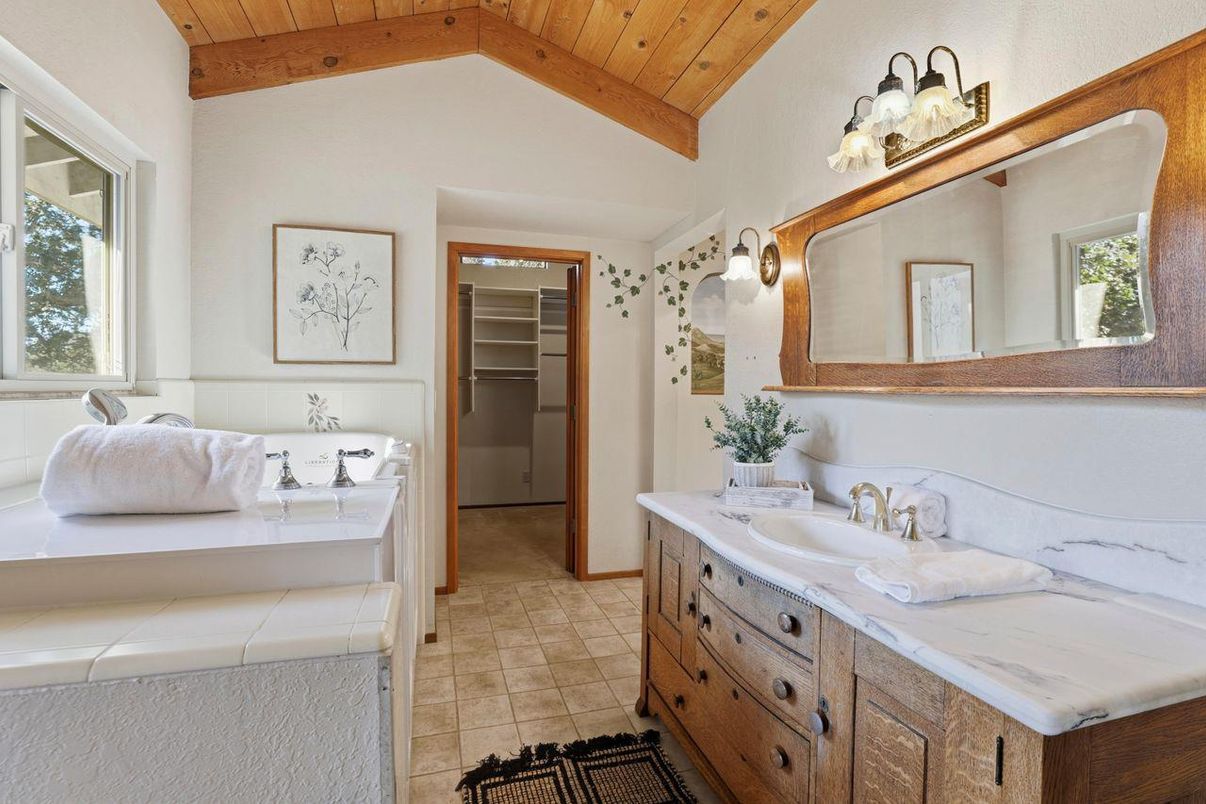 Bathroom, Dual Sink Vanities, Interior, Tile Countertops, Wooden Beams, Wooden Ceilings