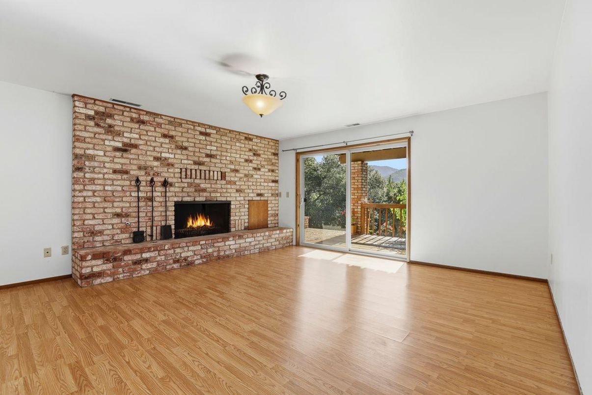 Empty room, Fireplace, Interior, Stone Walls, Wood Texture Flooring