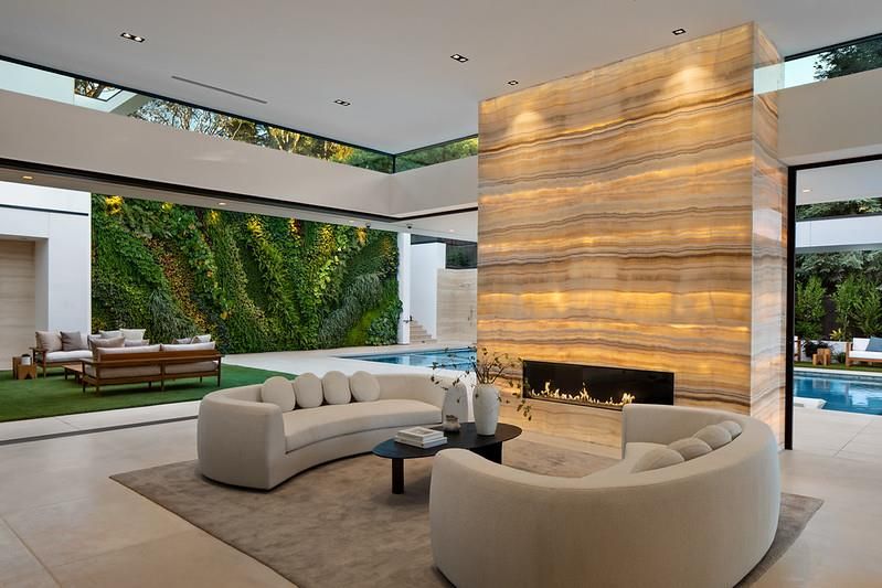 Fireplace, Interior, Living room, Pool, Recessed Lighting, Wooden Walls