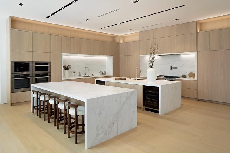 Interior, Kitchen, Marble Walls, Recessed Lighting, Stainless Steel Appliances, Wood Texture Flooring