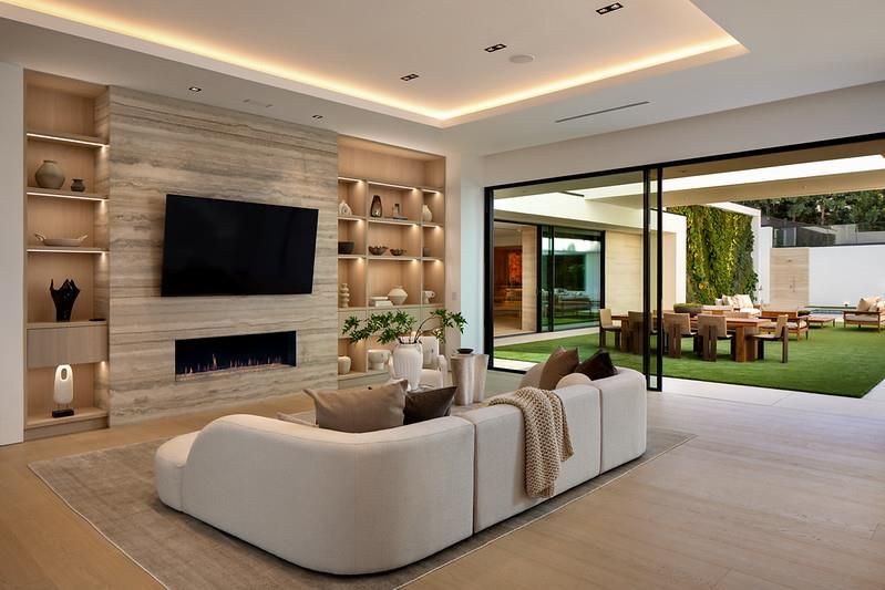Fireplace, Interior, Living room, Recessed Lighting, Wood Texture Flooring