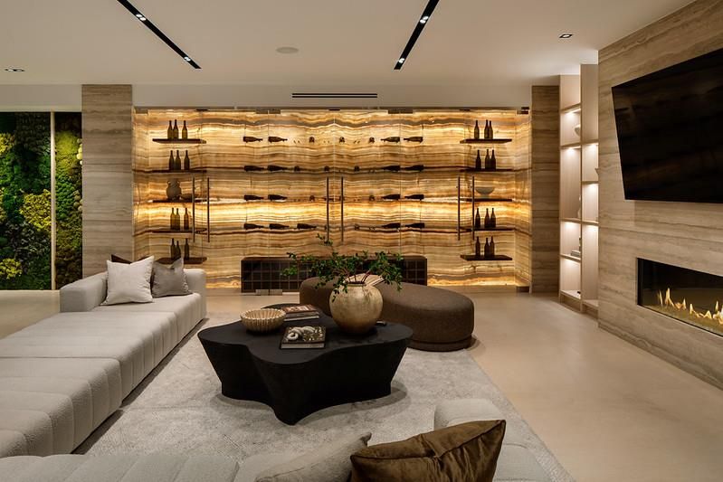 Fireplace, Interior, Living room, Recessed Lighting, Wine Storage