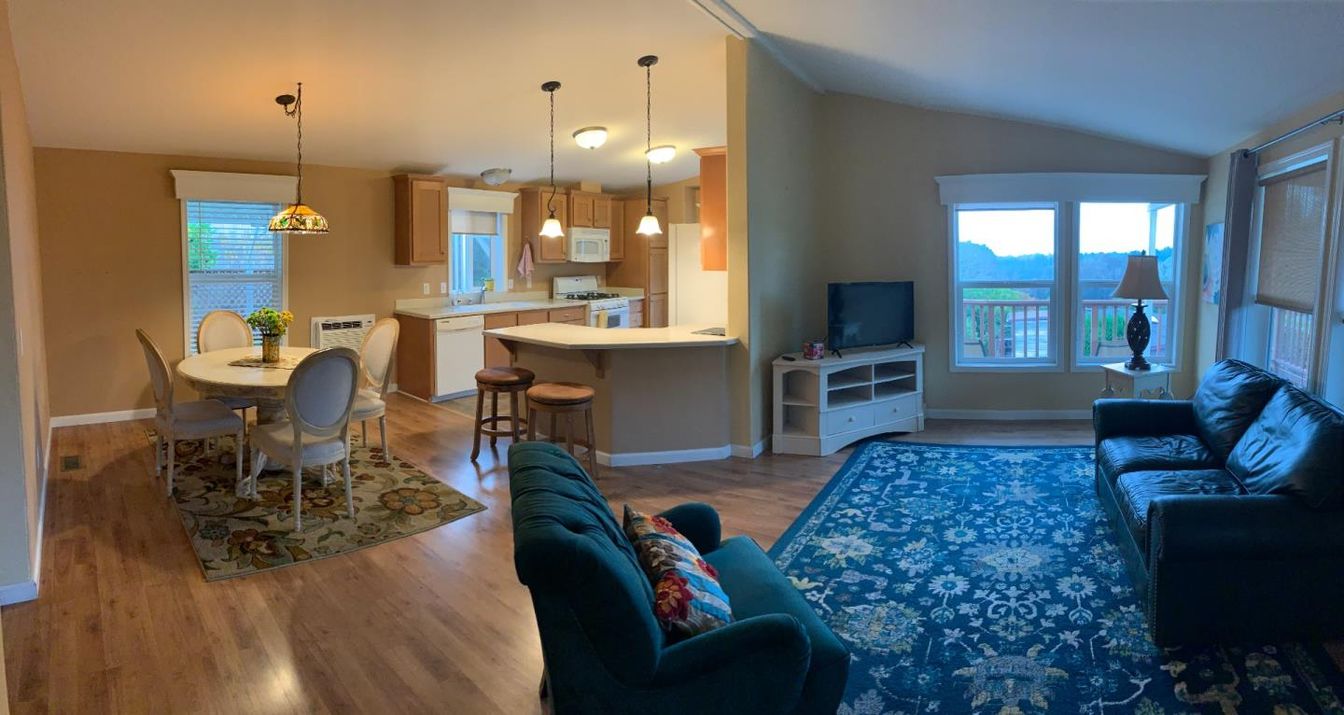 Dining room, Interior, Kitchen, Living room, Pendant Lights, Wood Texture Flooring