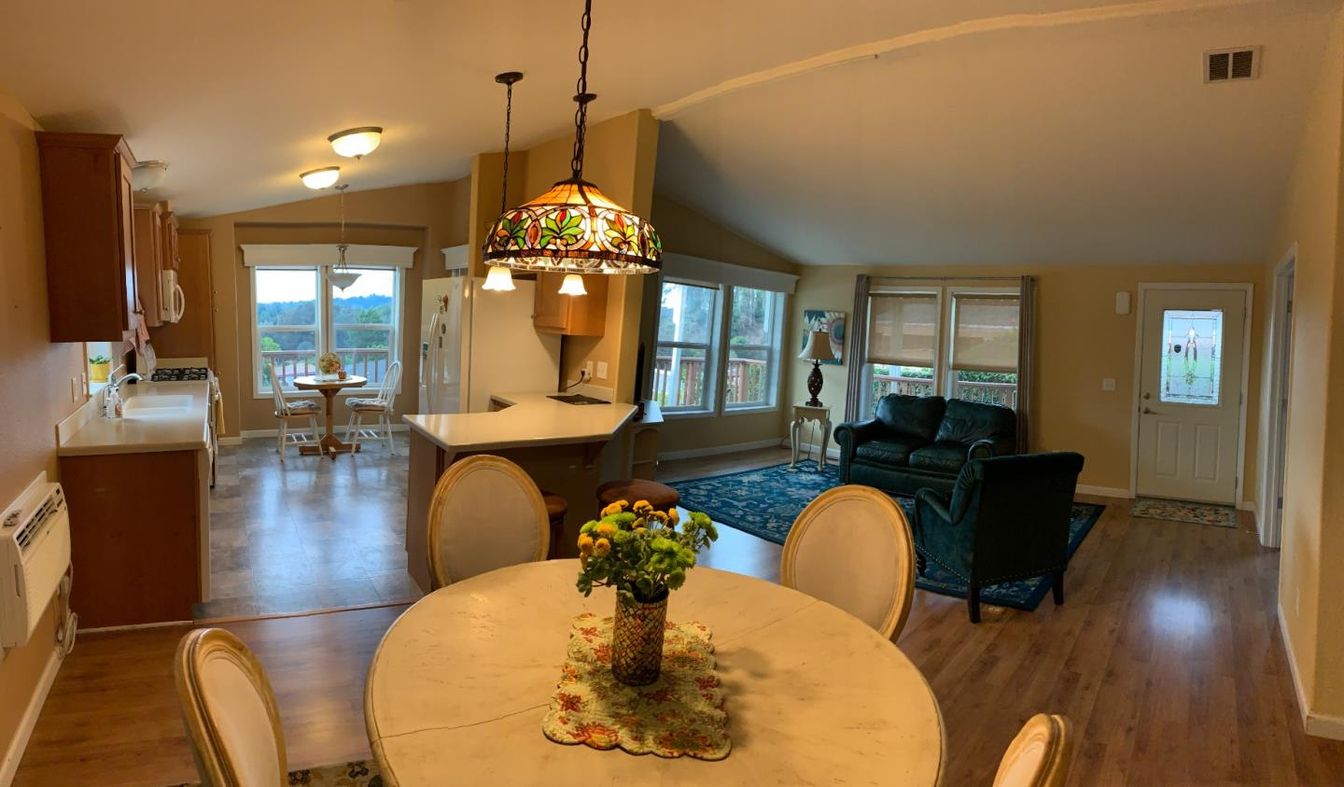 Dining room, Interior, Living room, Pendant Lights, Wood Texture Flooring