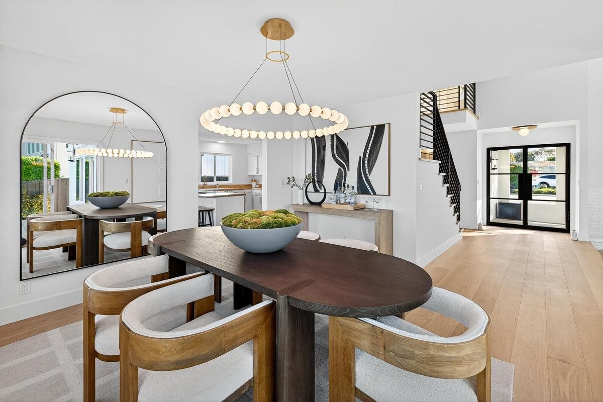 Dining room, Interior, Pendant Lights, Wood Texture Flooring