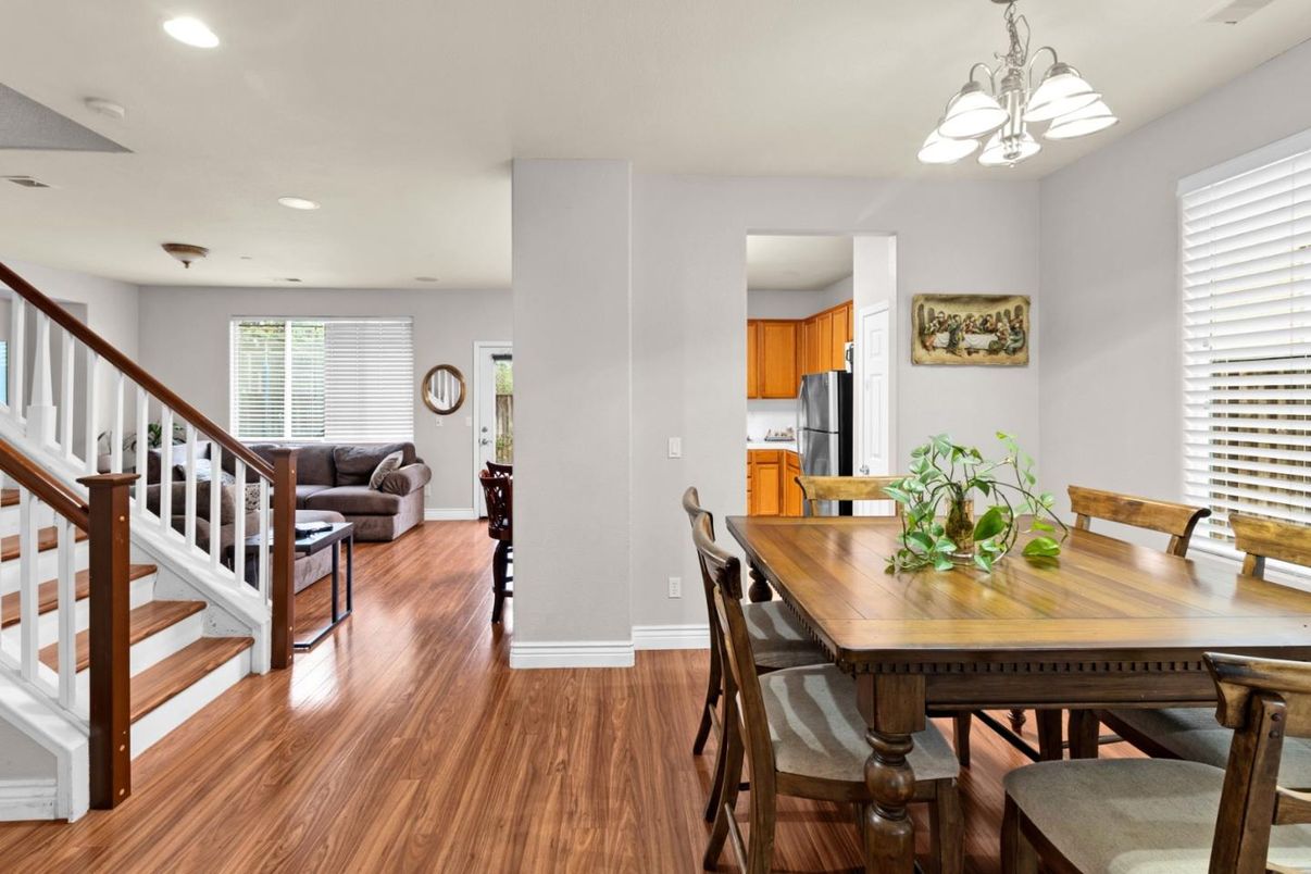 Dining room, Interior, Kitchen, Living room, Recessed Lighting, Wood Texture Flooring