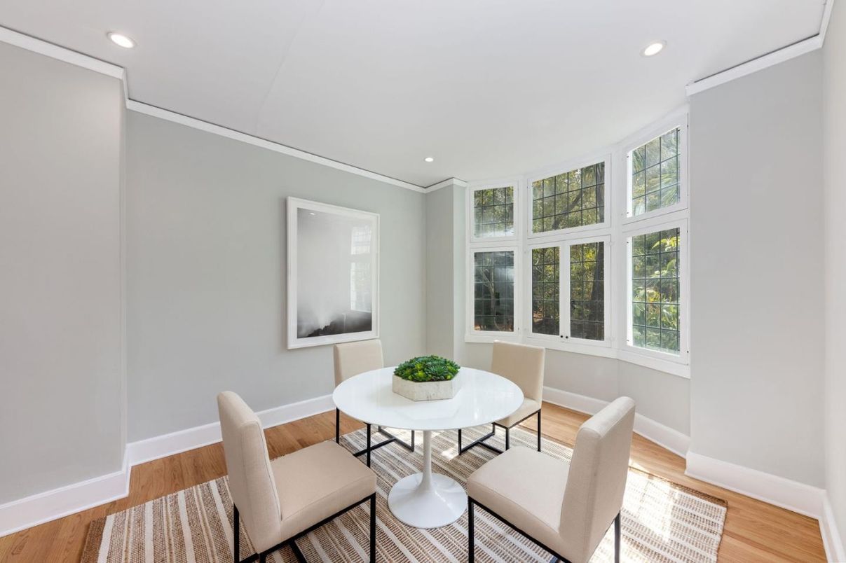 Dining room, Interior, Recessed Lighting, Wood Texture Flooring