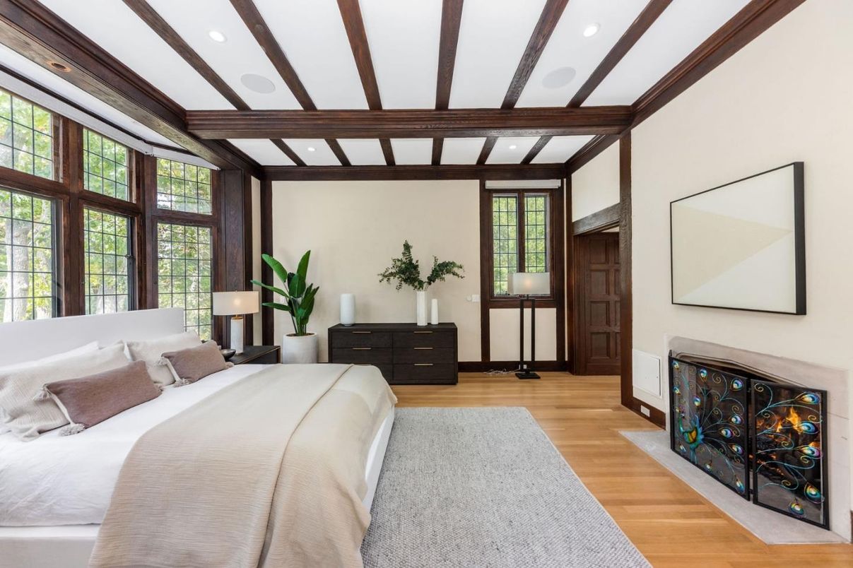 Bedroom, Interior, Recessed Lighting, Wooden Beams, Wood Texture Flooring
