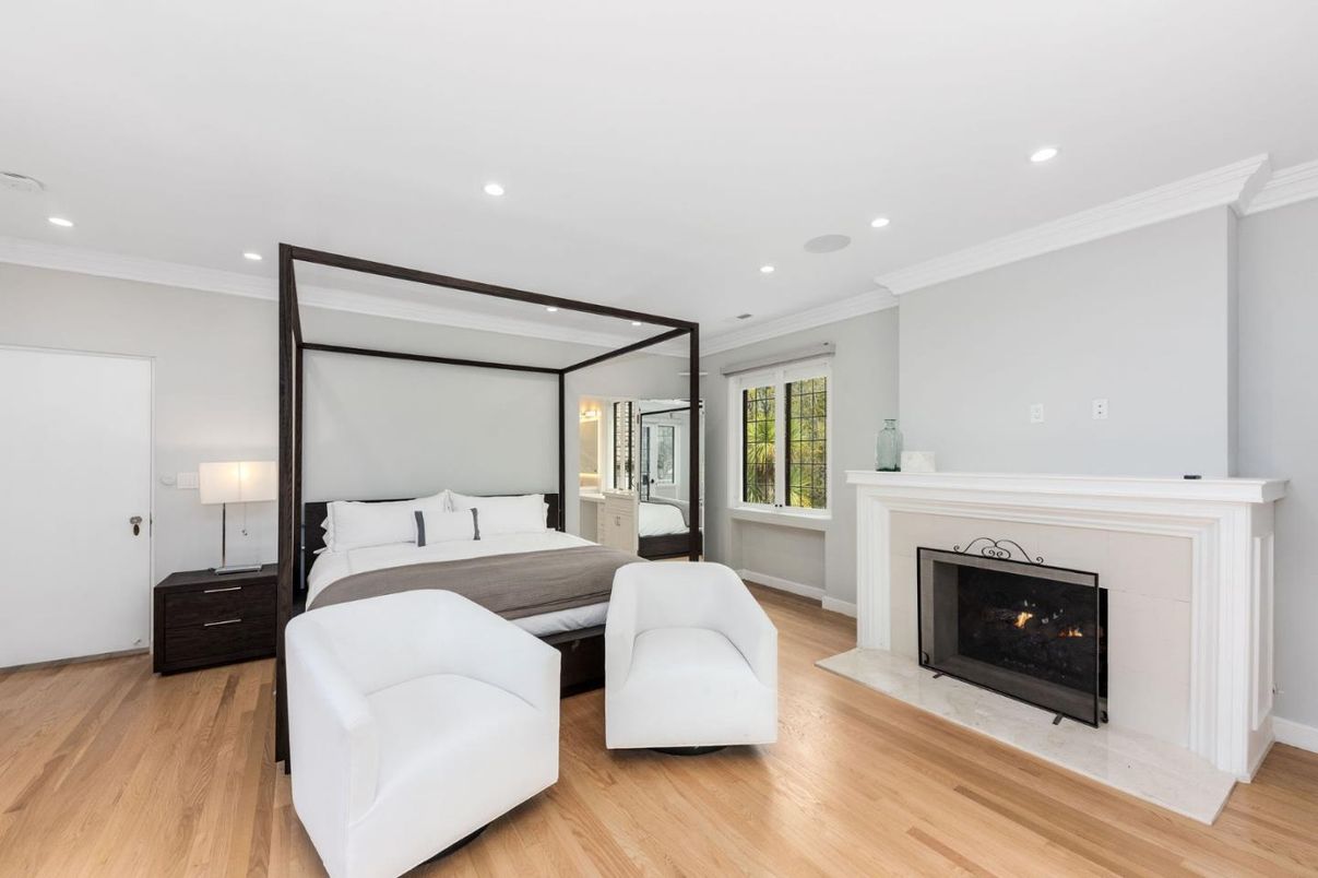 Bedroom, Fireplace, Interior, Recessed Lighting, Wood Texture Flooring