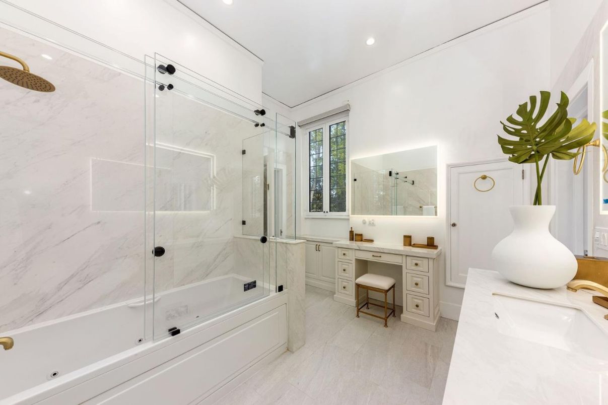 Bathroom, Glass Shower, Interior, Marble Walls, Recessed Lighting