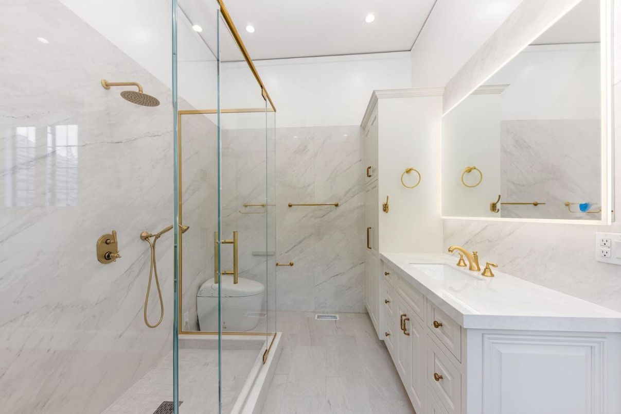 Bathroom, Glass Shower, Interior, Marble Walls, Recessed Lighting