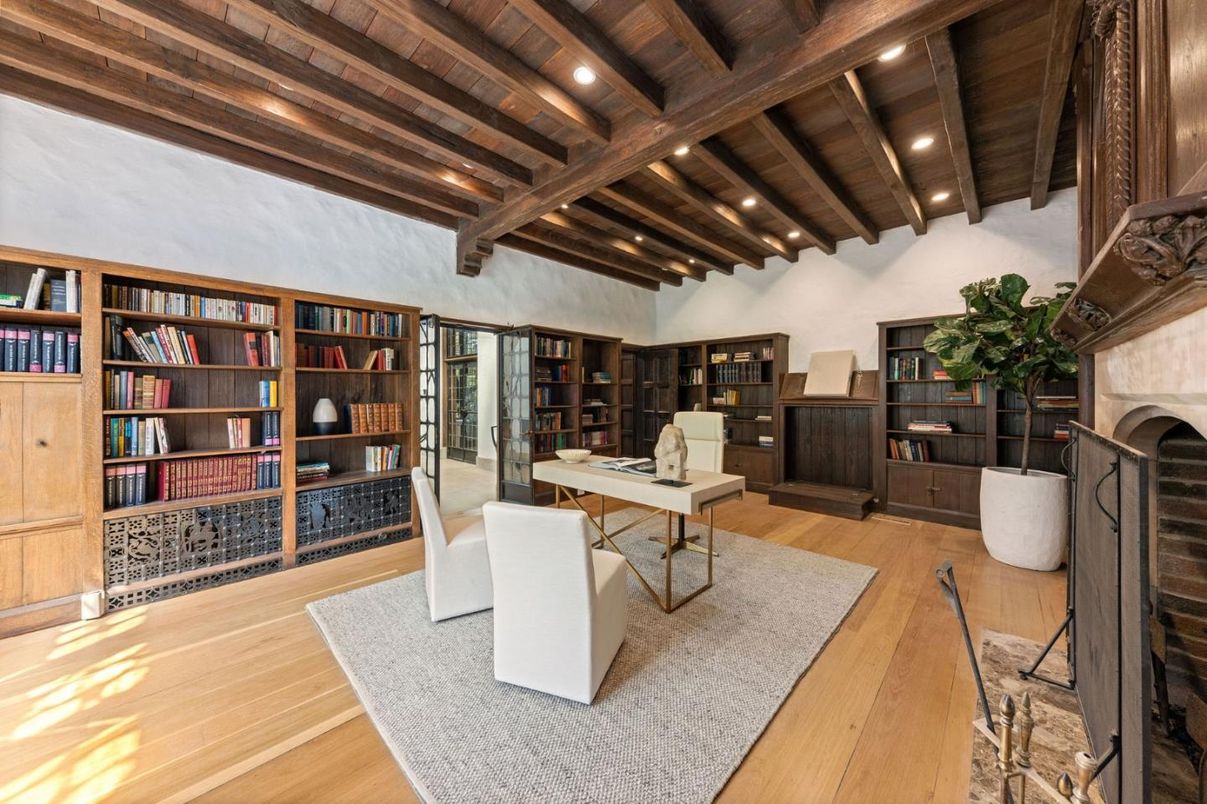 Fireplace, Home Office, Interior, Recessed Lighting, Wooden Beams, Wooden Ceilings, Wood Texture Flooring