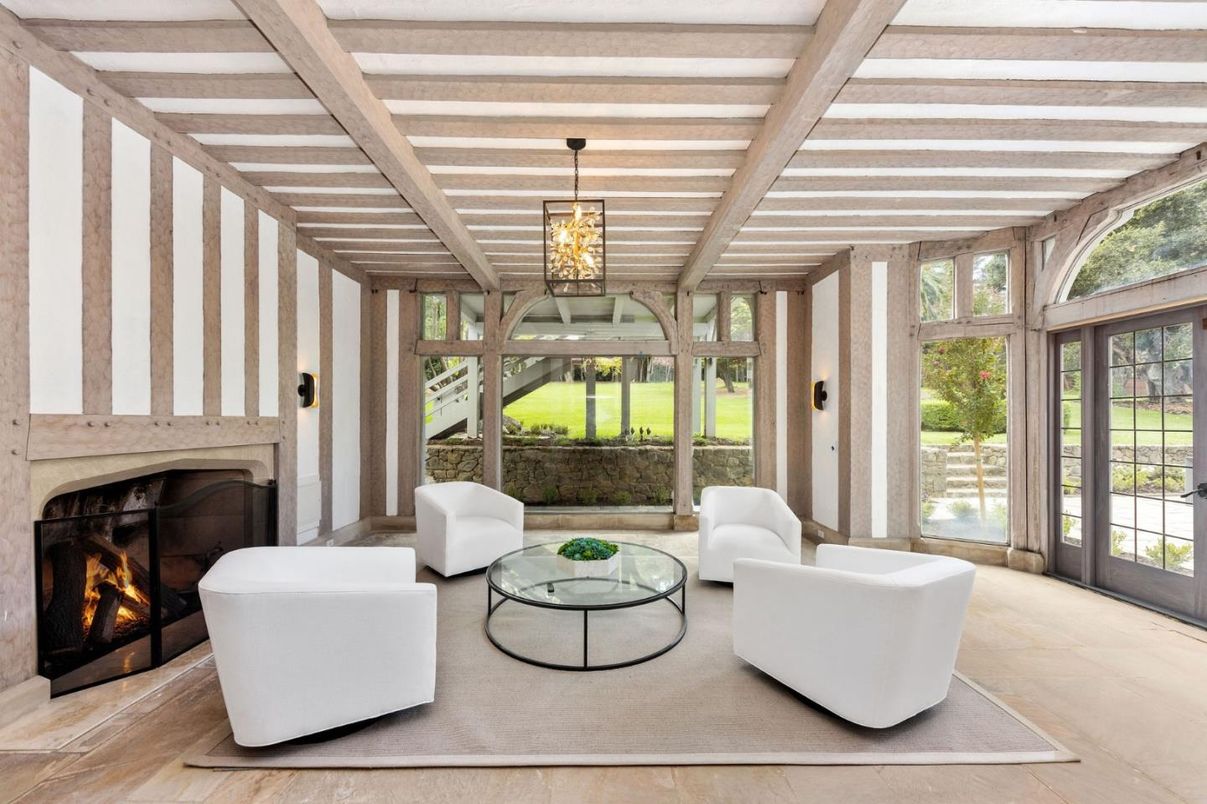 Chandelier, Fireplace, Interior, Living room, Pendant Lights, Sun Room, Wooden Beams