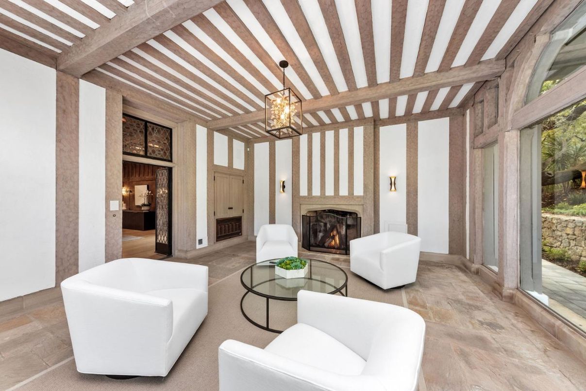 Fireplace, Interior, Living room, Pendant Lights, Wooden Beams