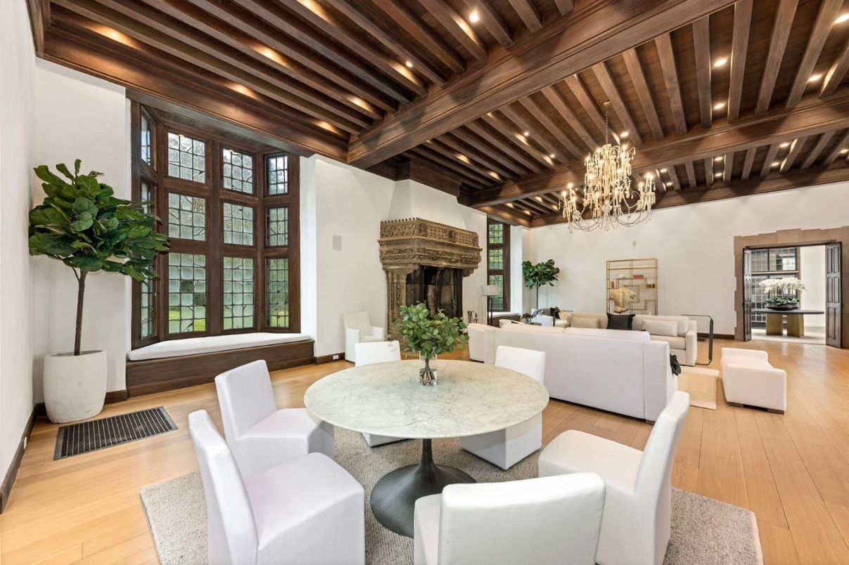 Chandelier, Dining room, Fireplace, Interior, Living room, Recessed Lighting, Wooden Beams, Wooden Ceilings, Wood Texture Flooring