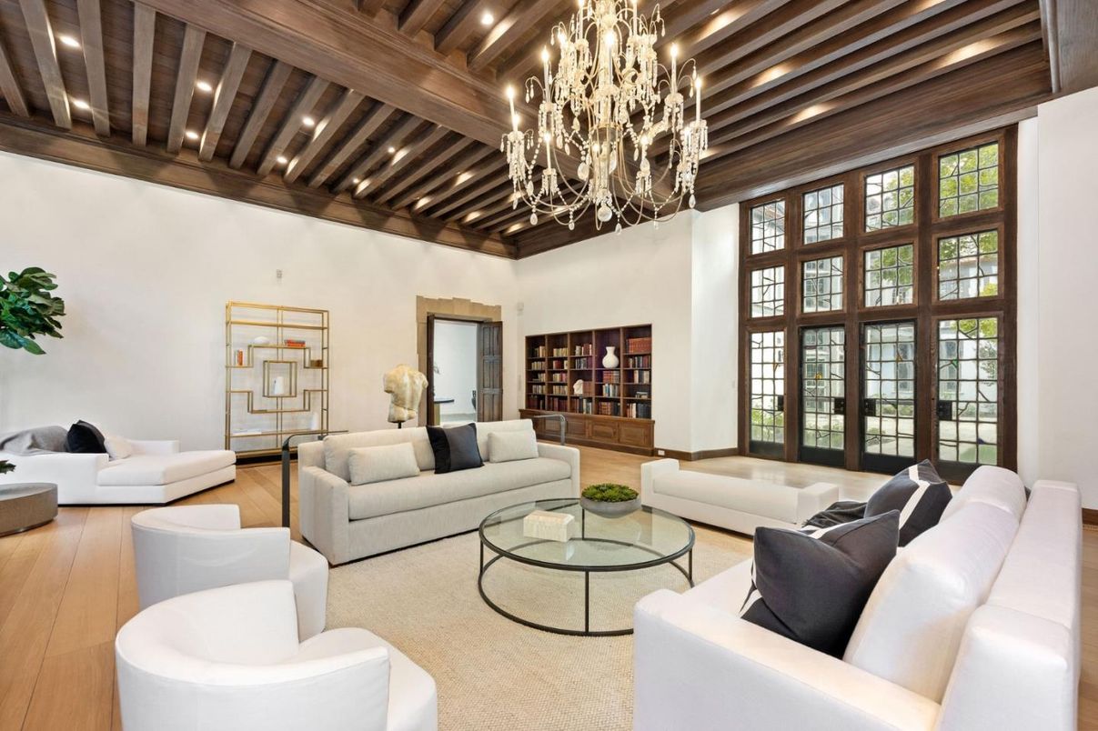 Chandelier, Interior, Living room, Recessed Lighting, Wooden Beams, Wooden Ceilings, Wood Texture Flooring