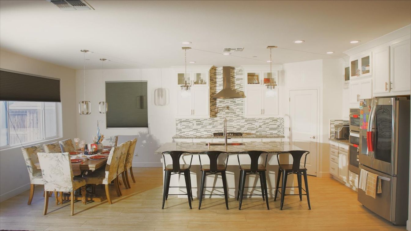 Dining room, Interior, Kitchen, Pendant Lights, Recessed Lighting, Stainless Steel Appliances, Wood Texture Flooring