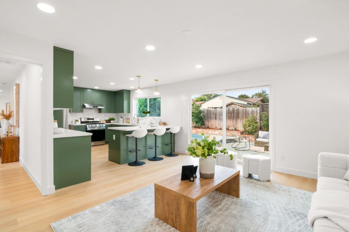 Interior, Kitchen, Living room, Pendant Lights, Recessed Lighting, Stainless Steel Appliances, Wood Texture Flooring