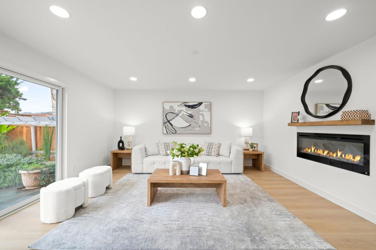 Fireplace, Interior, Living room, Recessed Lighting, Wood Texture Flooring