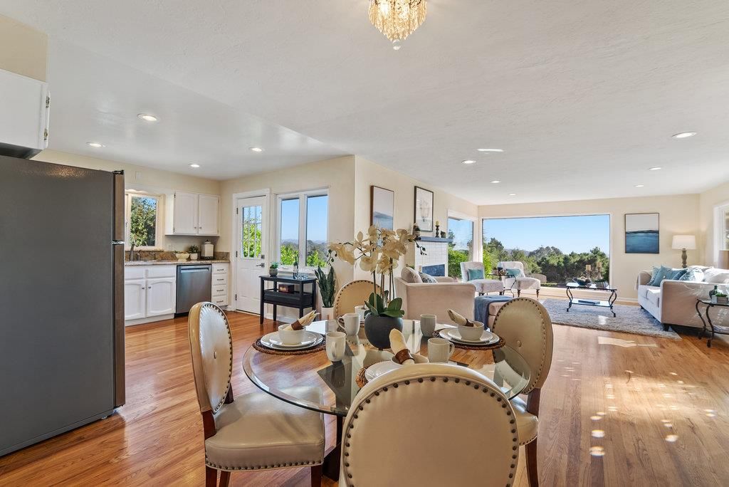 Chandelier, Dining room, Interior, Kitchen, Living room, Recessed Lighting, Wood Texture Flooring
