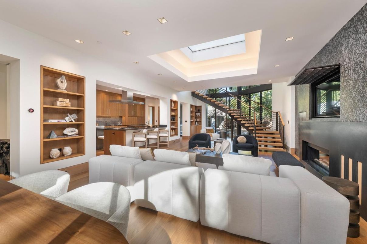 Dining room, Fireplace, Interior, Kitchen, Living room, Recessed Lighting, Stainless Steel Appliances, Wood Texture Flooring