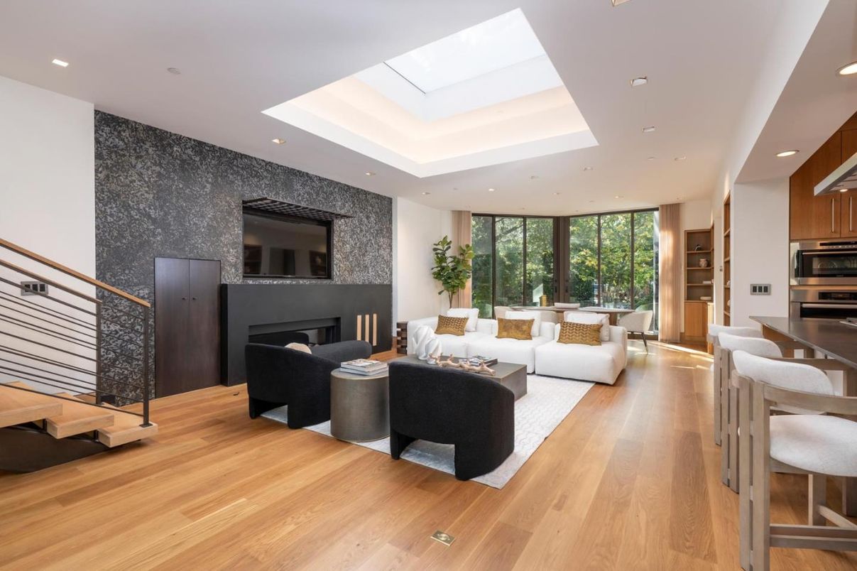 Dining room, Fireplace, Interior, Living room, Recessed Lighting, Wood Texture Flooring