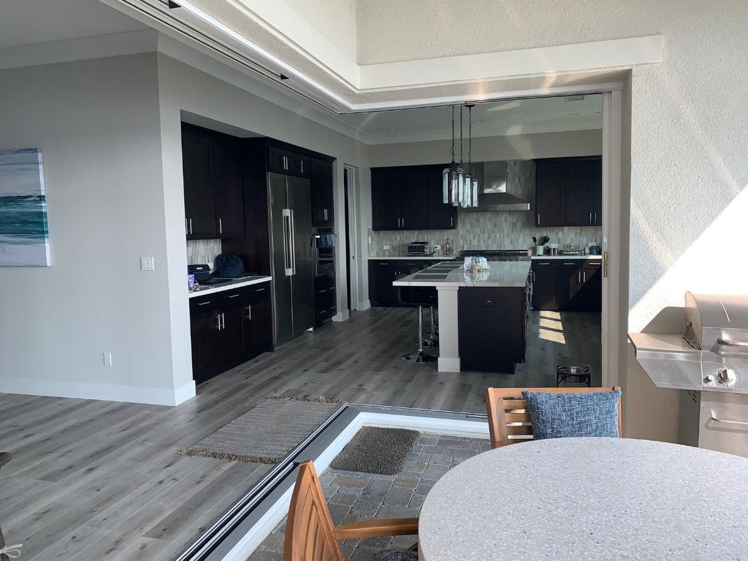 Dining room, Interior, Kitchen, Pendant Lights, Stainless Steel Appliances, Wood Texture Flooring