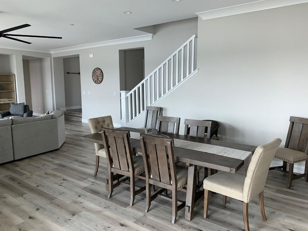 Dining room, Interior, Living room, Recessed Lighting, Wood Texture Flooring