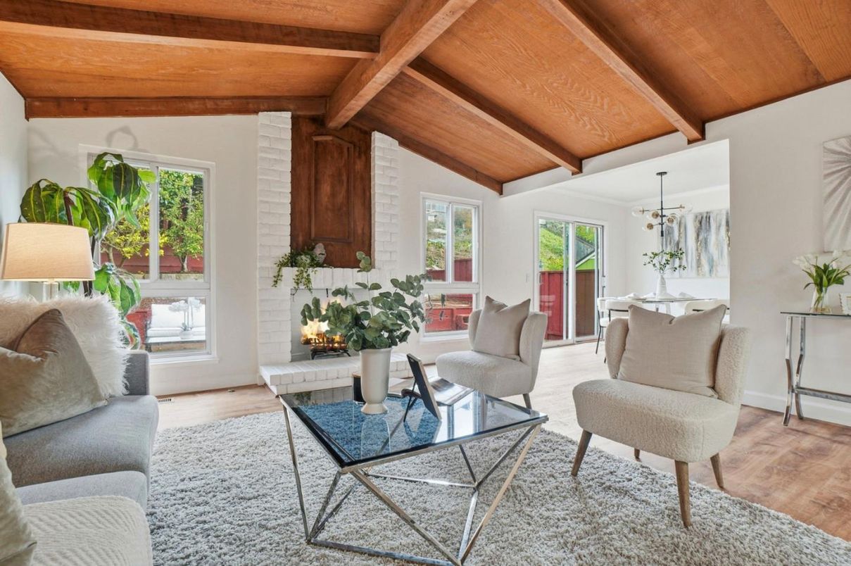 Dining room, Fireplace, Interior, Living room, Pendant Lights, Wooden Beams, Wooden Ceilings, Wood Texture Flooring