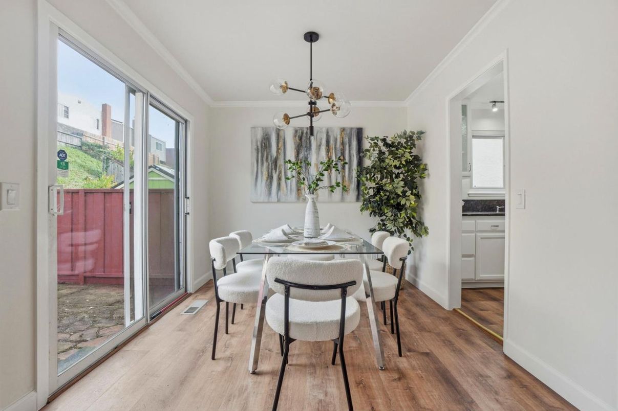 Dining room, Interior, Pendant Lights, Wood Texture Flooring
